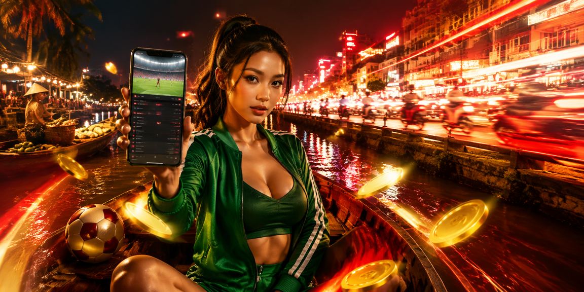 Khung cảnh sông nước Mekong về đêm – ánh đèn neon phản chiếu trên mặt nước, không khí cá cược thể thao trực tuyến Việt Nam